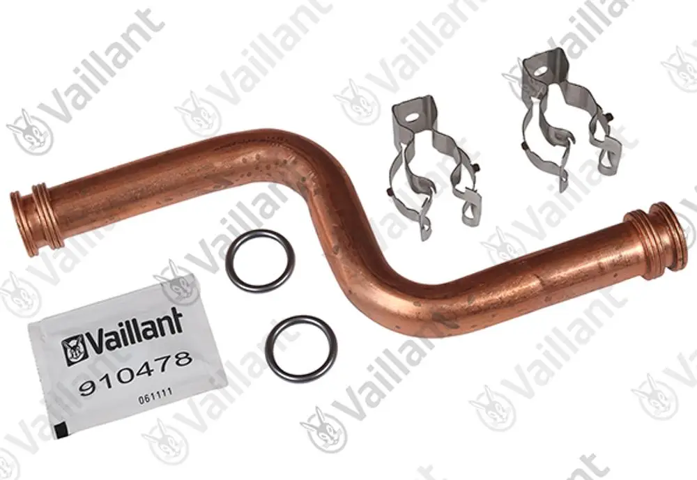 Kupferrohr mit gebogener Form, zwei Halterungen und Dichtungen, markiert mit Vaillant. Bestandteil eines Heizungs- oder Wärmesystems.